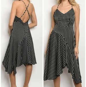 INA SKINNY STRAP BLACK WHITE POLKA DOT MIDI DRESS